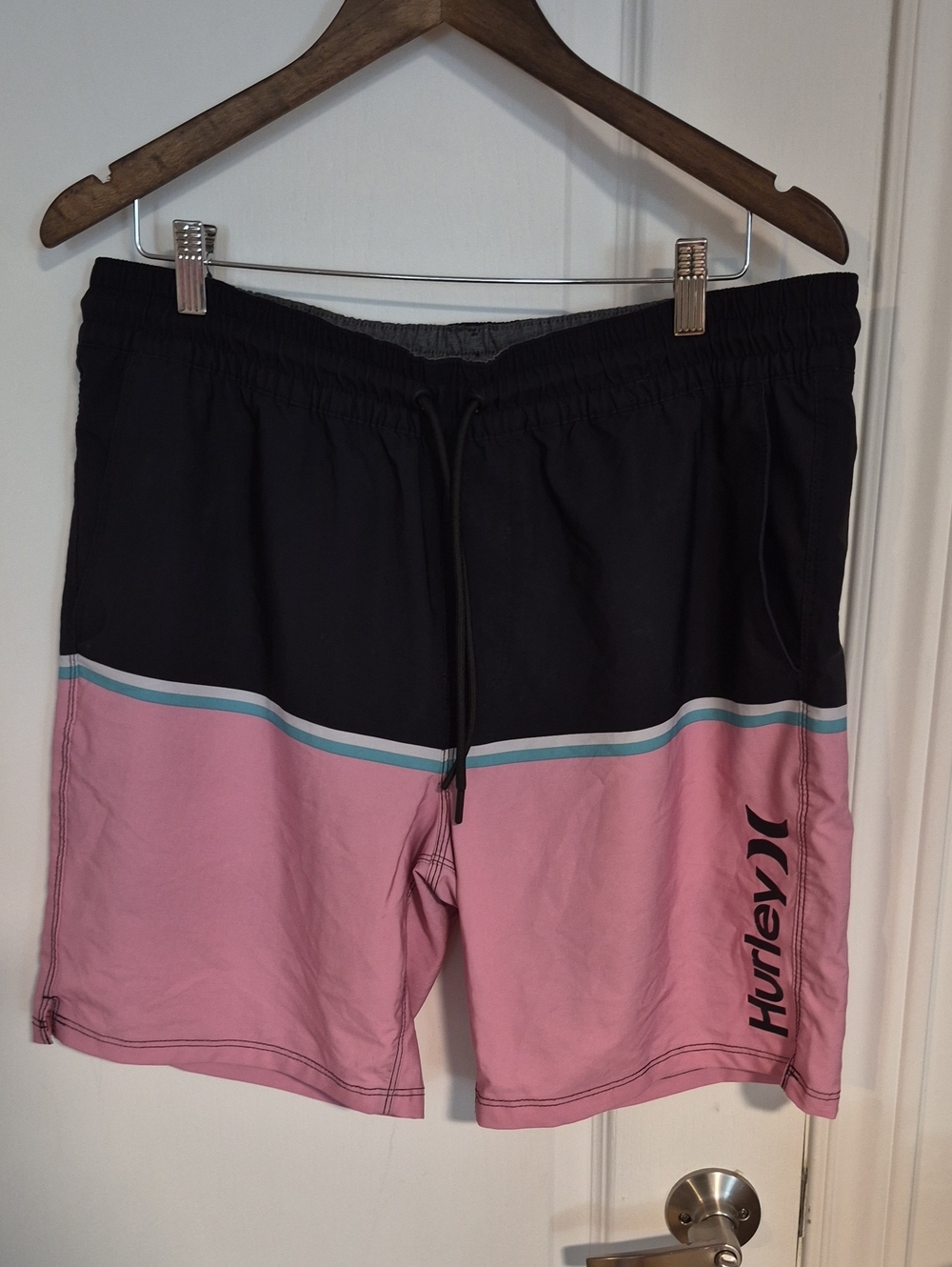 Hurley Black and Pink Colorblock Swim Shorts with Teal Accent